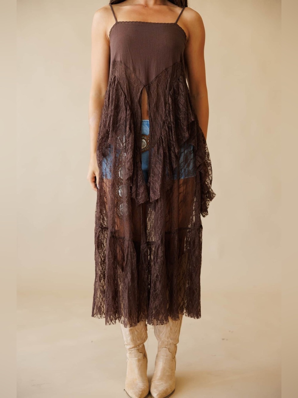 🤎 Drifting Away Lace Top Brown NWT Boho Western Maxi Tunic M